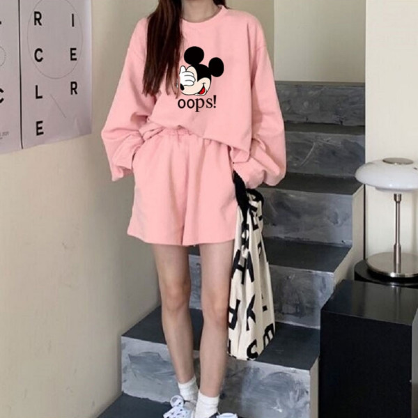 캐릭터 프린팅 포인트 긴팔 반바지 세트 M핑크