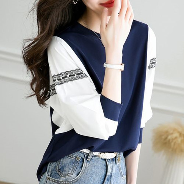 LF89300 레이스 소매배색 데일리 라운드 긴팔 티