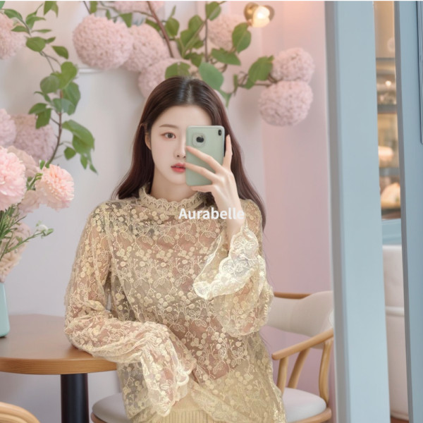아우라벨르 2색상세트 플라워시스루 레이스이너셔츠 블라우스프릴셔츠웨어 휴양지원피스 레이어드