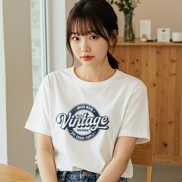 여성 반팔 면 티셔츠 레터링 프린팅 여름 기본 흰 티