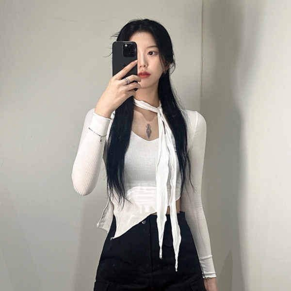 여성 초커 머플러 크롭티 세트 3color 언발란스 스카프 긴팔 SET 발레코어 T45