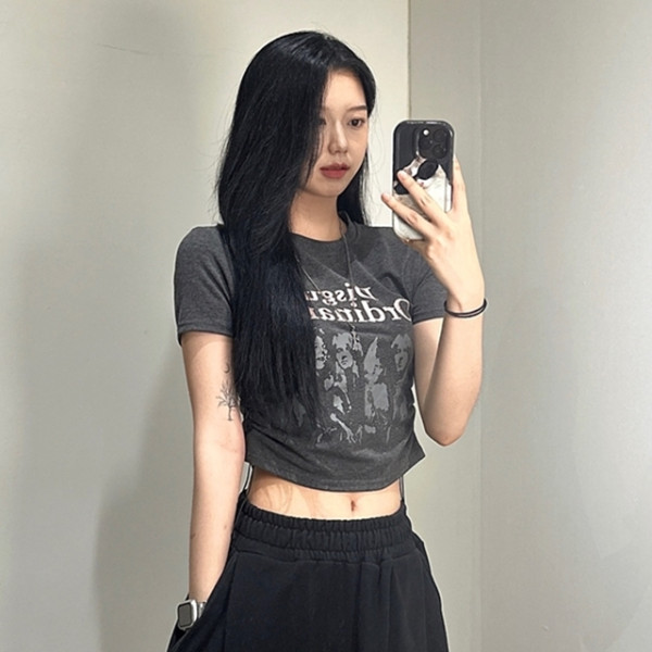 크롭 & 박스핏 선택 셔링 반팔 티 티셔츠 Disgust Y2K 여성 빈티지 레터링