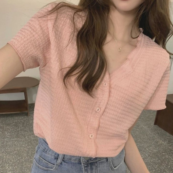 여자 여름 반팔 블라우스 여성 브이넥 브라우스 핑크