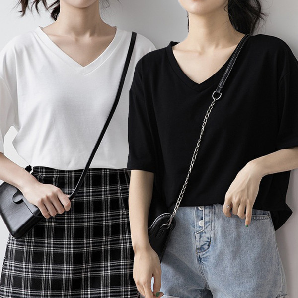 여성 여름 브이넥 무지 반팔 기본 티 셔츠 2P 세트
