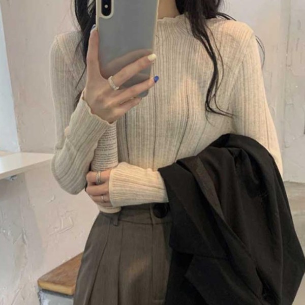 레이어드 티셔츠 시스루 소재 세련된 무드 터틀넥 긴팔티 LDN-20250101