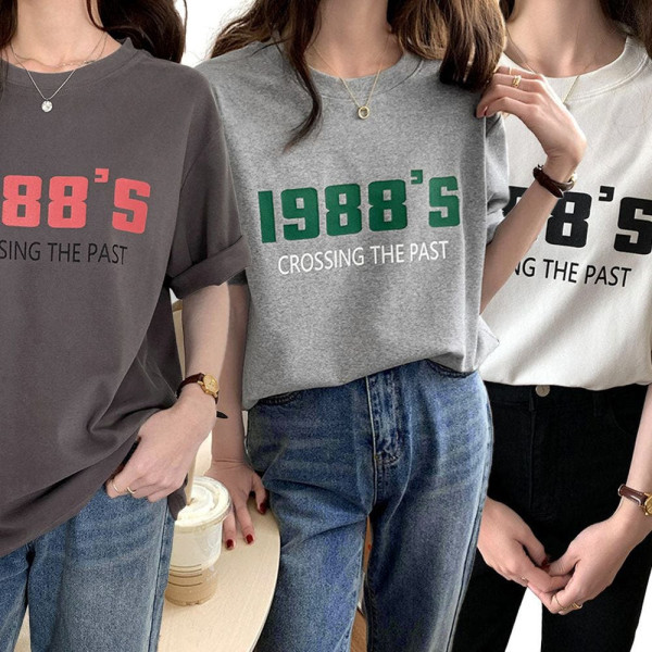 여성 라운드 레터링 기본 반팔 여름 티 셔츠