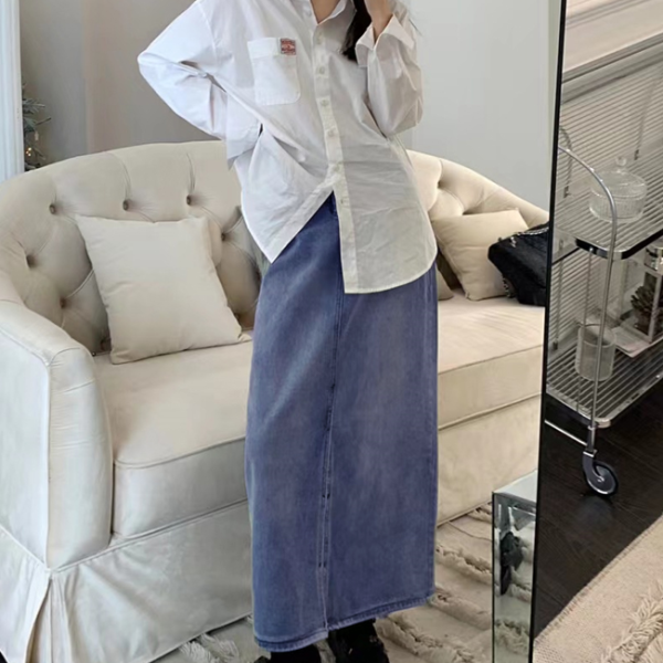 롱 데님 하이웨스트 청치마