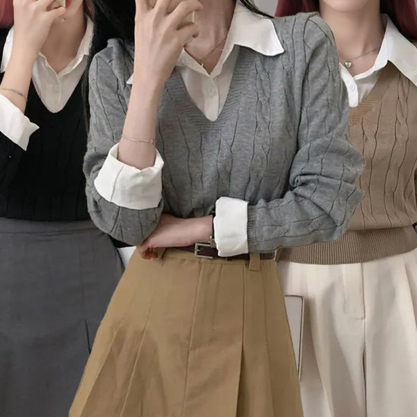 여성 레이어드 카라 셔츠 봄 가을 니트
