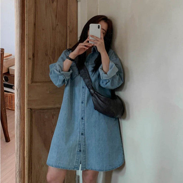 활용도 높은 숏 데님 포켓 원피스 미디 여자 셔츠 오버핏 루즈핏 청남방 코디