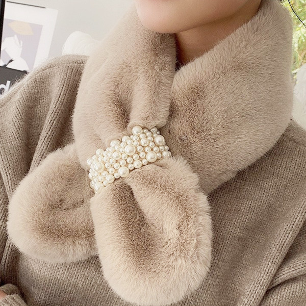 여성 패션 진주 넥 퍼 워머 여성 목도리 베이지