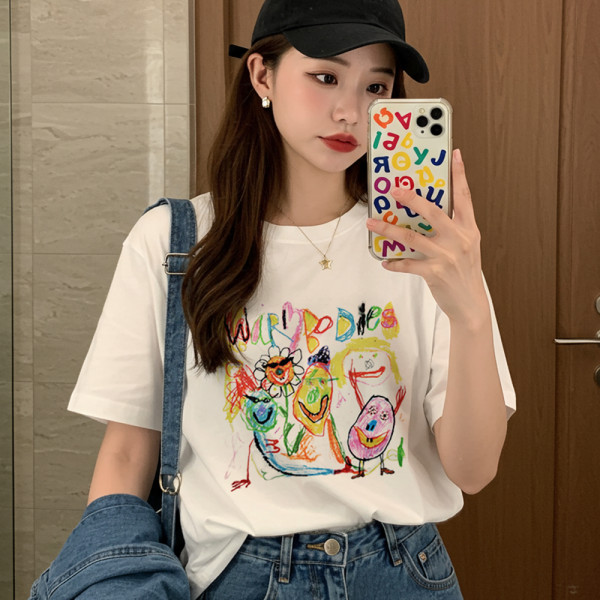 여성 여름 티셔츠 예쁜 프린팅 라운드 반팔 흰 티