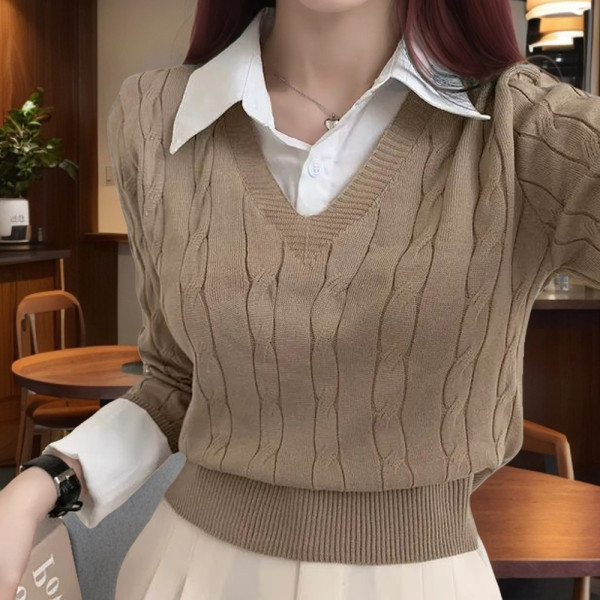 여성 레이어드 카라 셔츠 봄 가을 니트 베이지