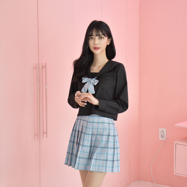 교복몰 하늘하늘 체크 블랙 세라복 세트 (긴팔)
