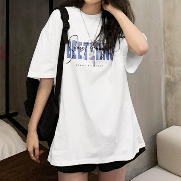 여성 레터링 여름 여자 루즈핏 반팔 티 셔츠 흰 색