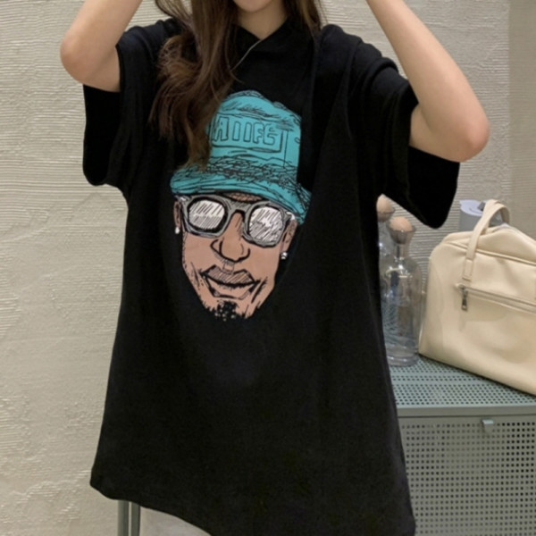 안경아저씨 프린팅 오버핏 반팔 블랙