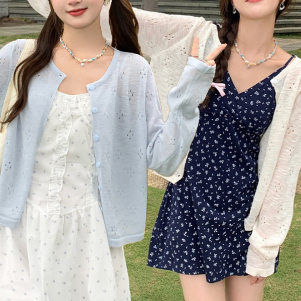 여성 여름 봄 휴양지 얇은 펀칭 긴팔 가디건