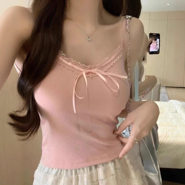 여성 브라 캡 내장 레이스 이너 끈 나시 티 핑크
