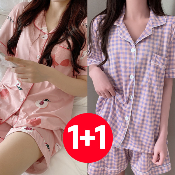 여성 여름 반팔 바지 잠옷 세트 2개 피치 체크 라벤더