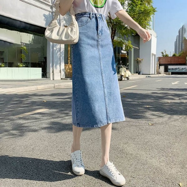 데님 롱 청치마 절개라인 깔끔한 데일리 스커트 다리가 길어 보이는 스커트 러블리 코디