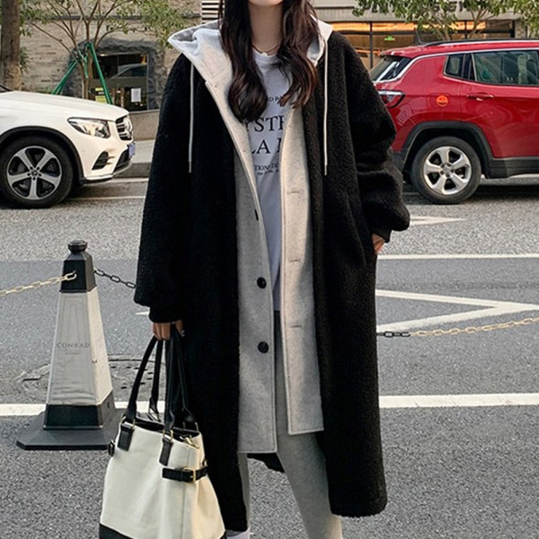 여성 뽀글이 후리스 후드 블랙 롱 코트 겨울 아우터