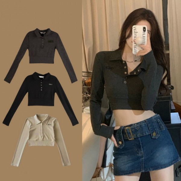 슬림 배꼽티 크롭 단추 긴팔 여자 여성 바디라인 가을 밑밴딩 셔츠 베이직 티셔츠
