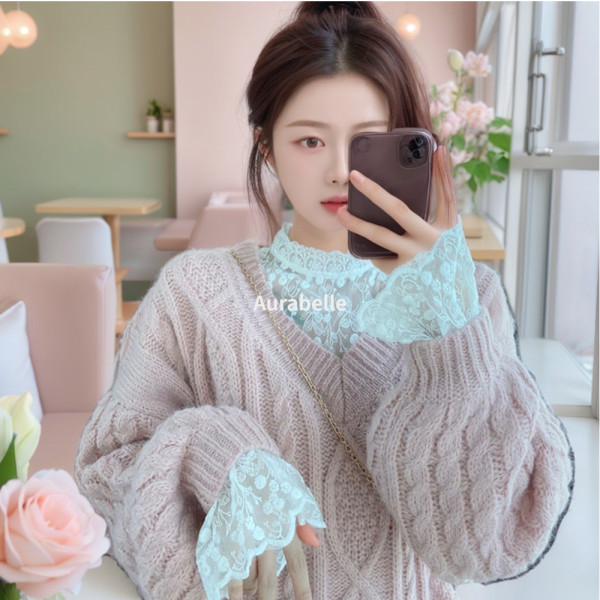 아우라벨르 화이트 플라워시스루 레이스이너셔츠 블라우스프릴셔츠웨어 휴양지원피스 레이어드