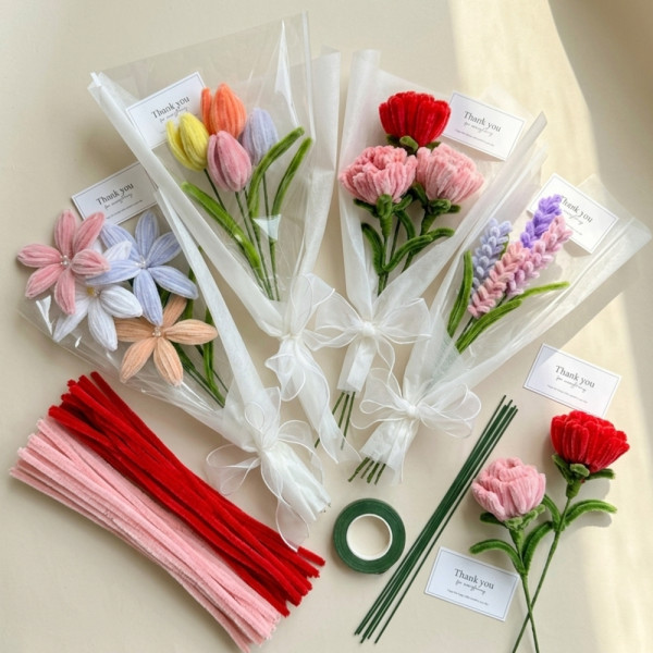 모루 꽃 다발 만들기 DIY 세트 키트 4종 카네이션 백합 한송이 꽃다발 라벤더 튤립