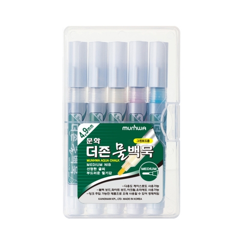 문화연필 더존물백묵펜 5본세트 닙4 9mm 흰2 노 빨 청