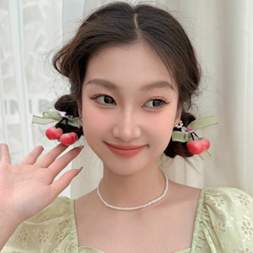 체리 레이스 리본 머리끈 양갈래 고무줄 끈