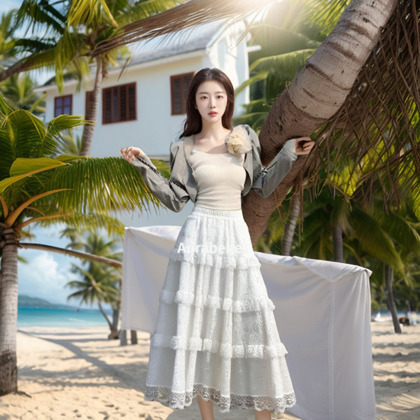 아우라벨르 레이스꽃무늬 캉캉플레어치마 롱스커트 피치화이트 펀칭맥시 봄가을겨울 아이보리