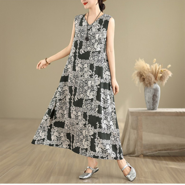 S228621 프린팅 휴가 데일리 민소매 나시 롱 원피스