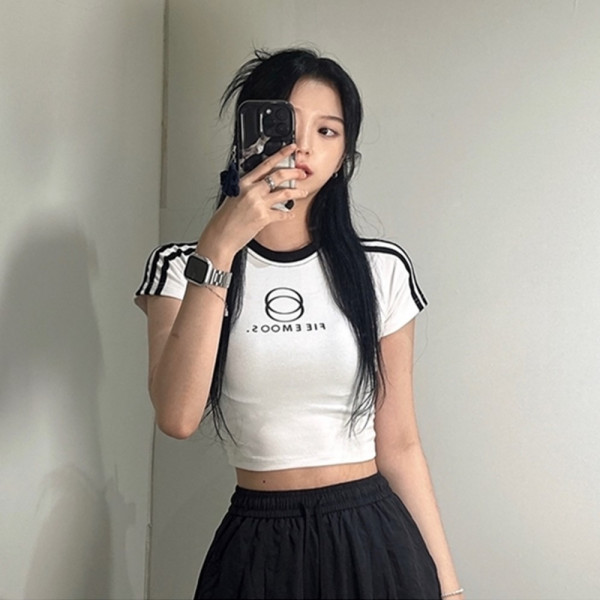 스포티 트랙라인 크롭 티 반팔 티셔츠 T48 Y2K 블록코어 여자 스판 쫀쫀