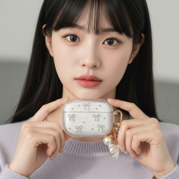 로맨틱 펄 리본 클리어 에어팟 키링 케이스