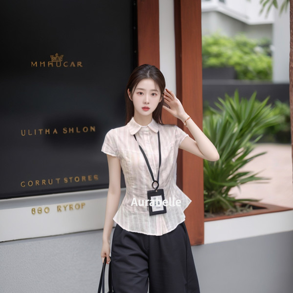 아우라벨르 화이트핑크 스트라이프 카라셔츠 여름반팔 라인 블라우스