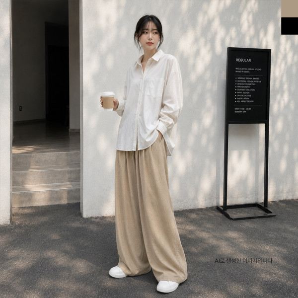 AGG 1008W 여자 핀턱 와이드 찰랑 쿨 밴딩 팬츠