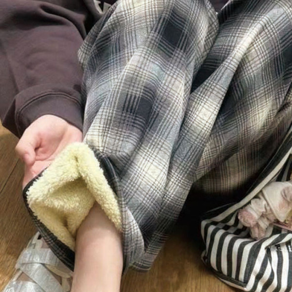겨울 방한 와이드 일자핏 체크무늬 양털 바지 팬츠