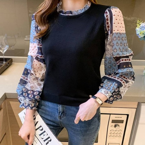 LF0574 패턴쉬폰소매 간절기용 환펀니트티 긴팔티
