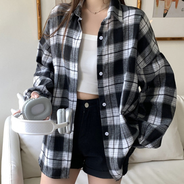 여성 봄 가을 체크 셔츠 긴팔 남방 블랙
