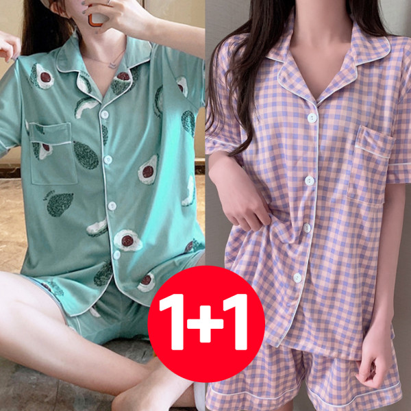 여성 여름 반팔 바지 잠옷 세트 2개 아보카도 라벤더