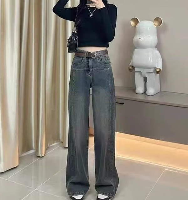 와이드 스트레이트 회색 데님 팬츠
