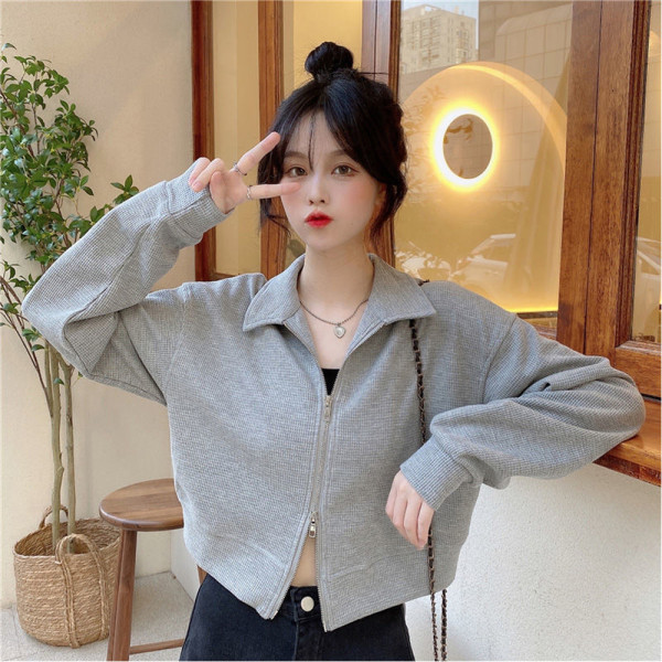 크롭 기장 카라 더블지퍼 니트 집업