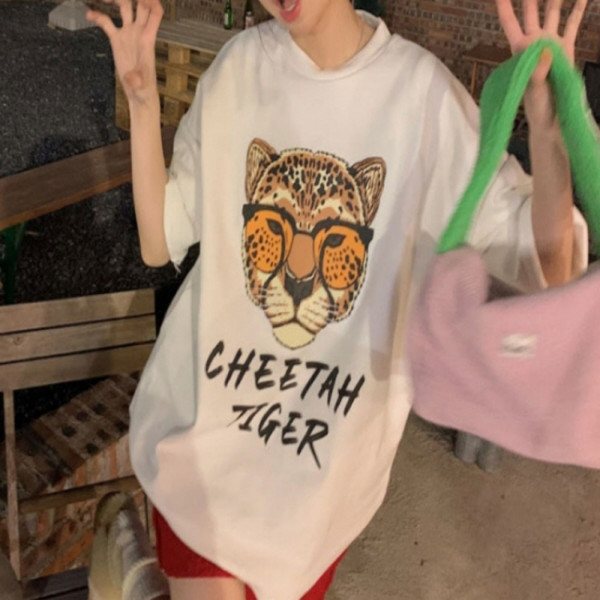 쎈언니 치타 프린팅 스판 반팔티 화이트