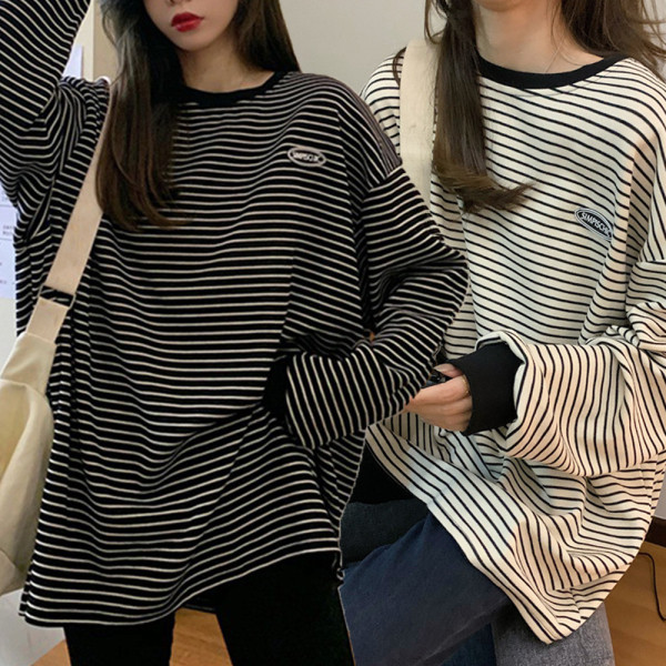 여성 루즈핏 스트라이프 줄무늬 긴팔 맨투맨 티