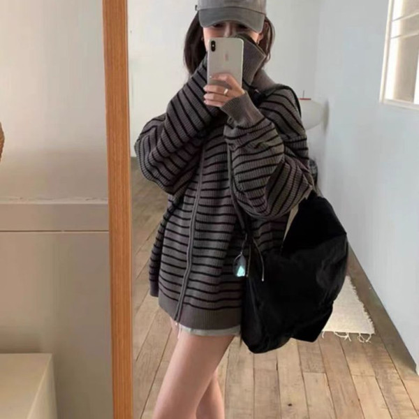 F53651 줄무늬 후드 집업 가디건 남녀공용 커플룩