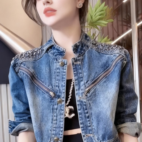LF30700 찡 비즈 라운드 넥 봄 가을 간절기 청 데님 재킷 자켓 아우터