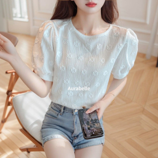 아우라벨르 화이트 퍼프셔링반팔 플라워꽃 레이스블라우스 시스루프릴시폰 하객룩티셔츠