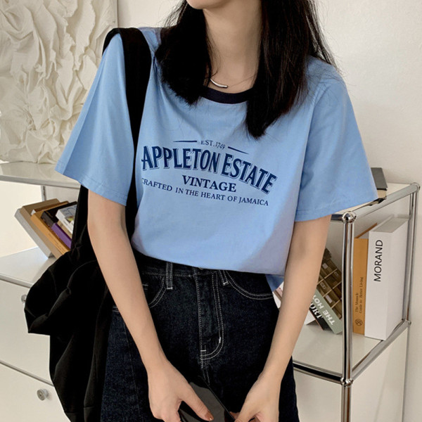 여성 세미 크롭 라운드 여름 예쁜 반팔 티 셔츠 블루
