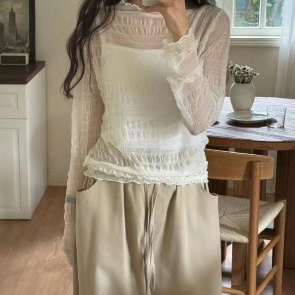 F11543 레이스 시스루 주름 슬림 망사 블라우스 티