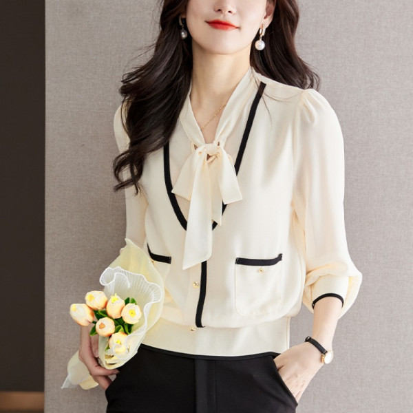 F265831 소매 밑단 시보리 배색 시폰 리본 넥 셔츠 블라우스 데일리 코디탬