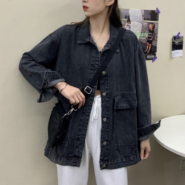여성 데님 가을 간절기 루즈핏 청 자켓 블랙
